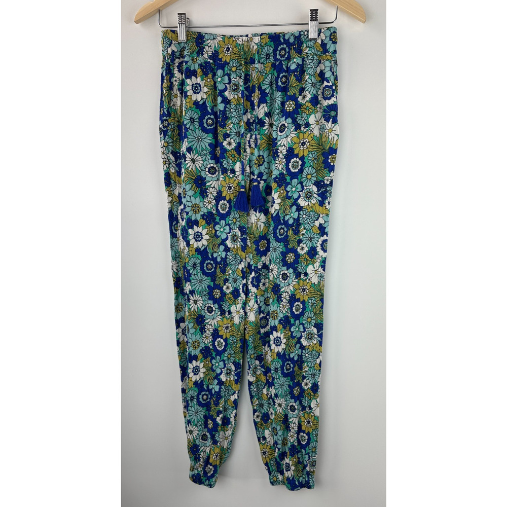 Boden Crinkle Tapered Trousers Blue Floral Pull On Pants Tassel Women's Size 6 - Picture 15 of 16